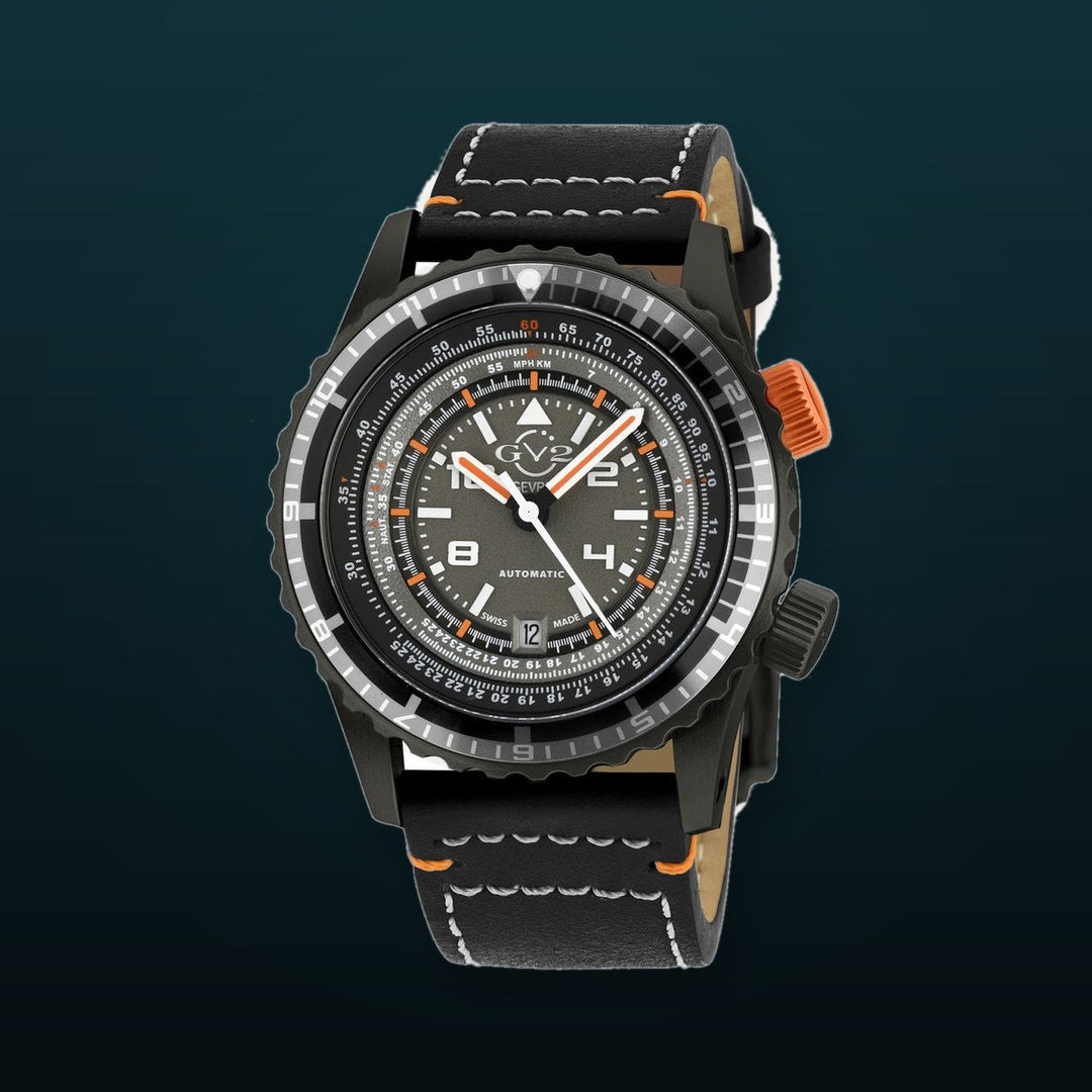 Contasecondi GV2 Contasecondi Men's Grey/Orange Dial Black Calfskin Leather Watch
