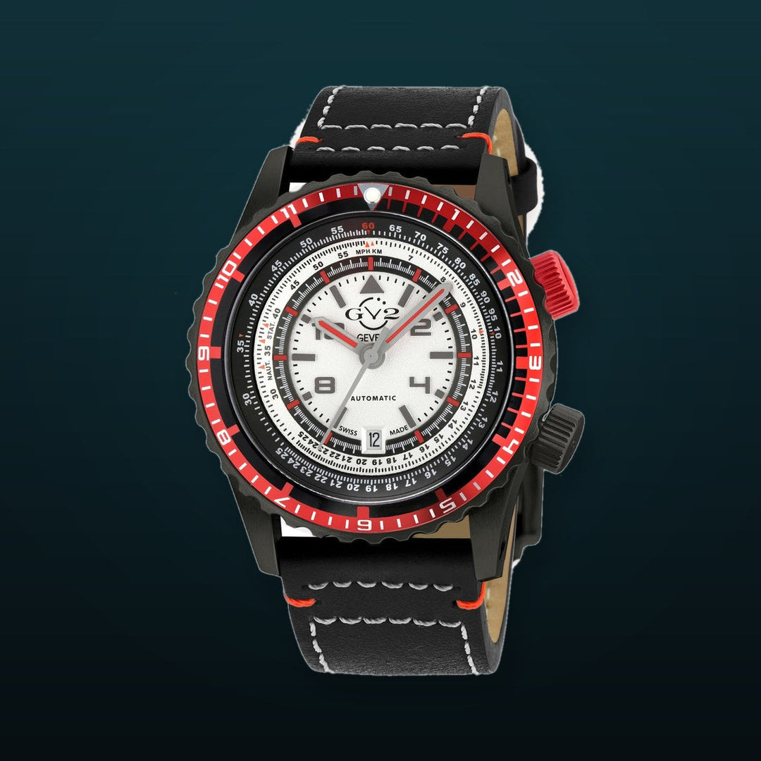 Contasecondi GV2 Contasecondi Men's Silver/Red Dial Black Calfskin Leather Watch | Silver Dial