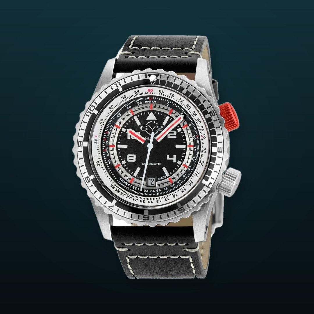 Contasecondi GV2 Contasecondi Men's Black/Red Dial Black Calfskin Leather Watch | Black Dial