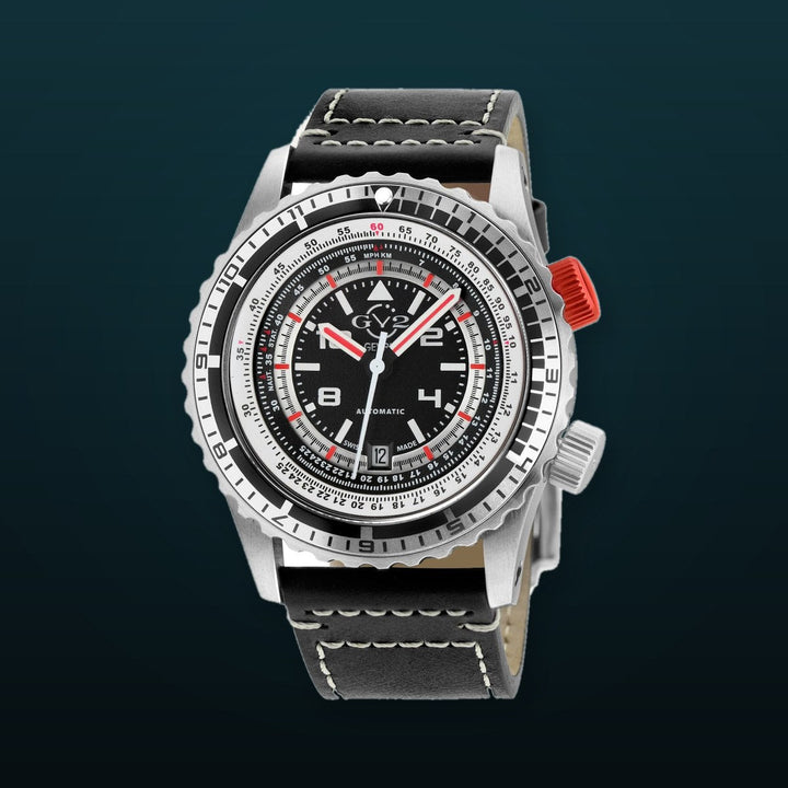 Contasecondi GV2 Contasecondi Men's Black/Red Dial Black Calfskin Leather Watch | Black Dial