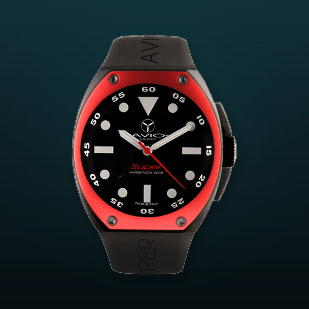 Avio Black, IP Black Rubber red bezel | Black Dial