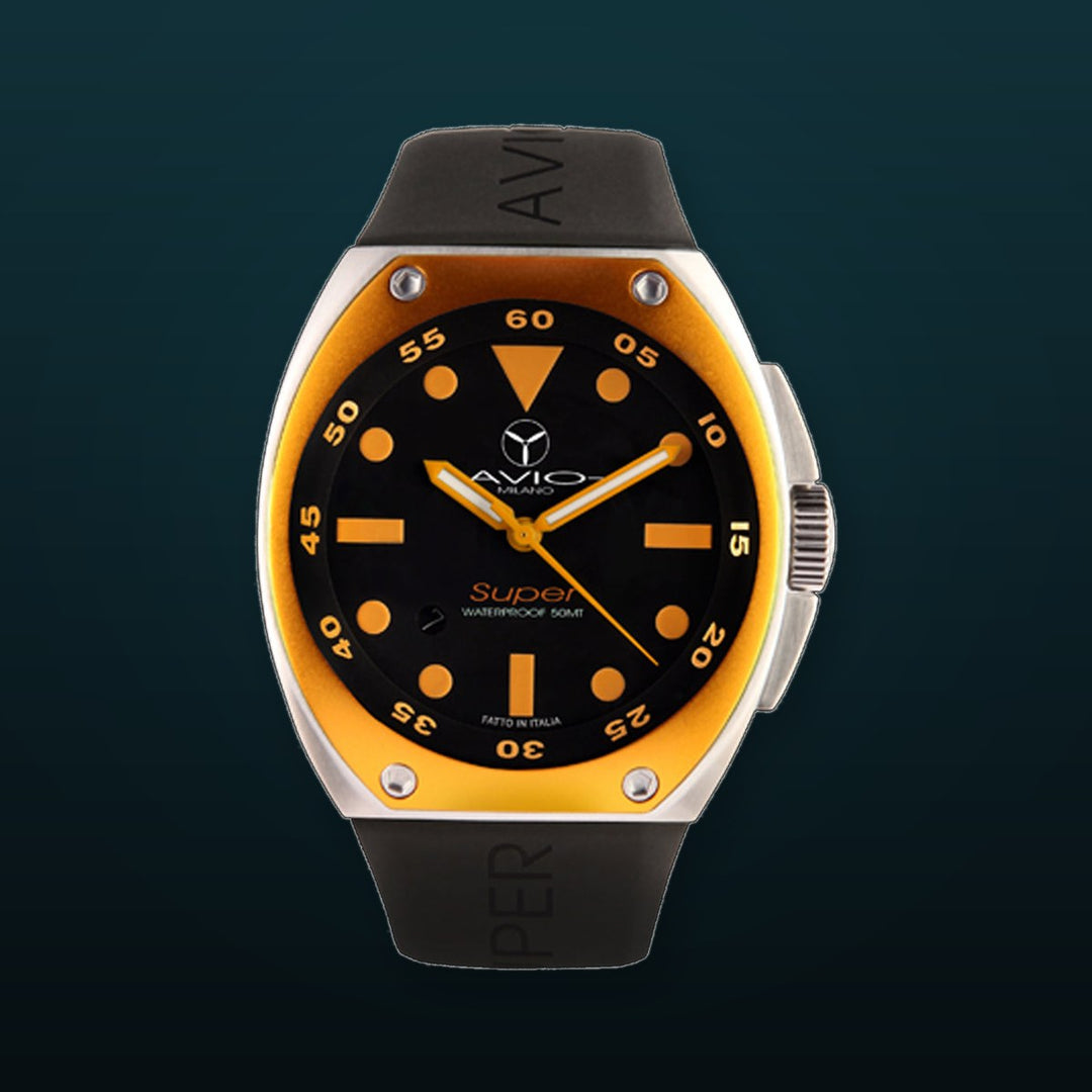 Avio Black, Black Rubber Orange bezel | Black Dial