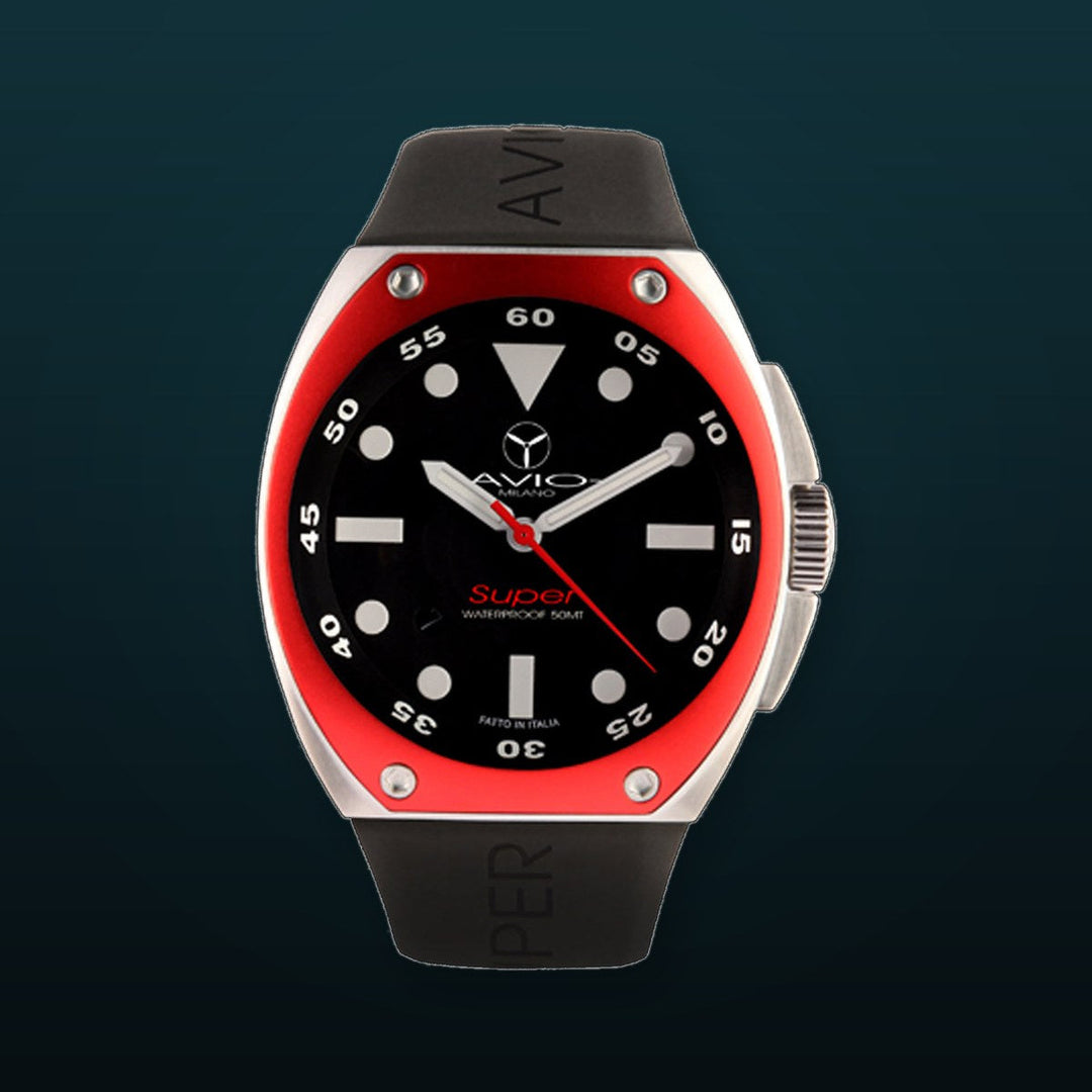 Avio Black, Black Rubber Red bezel | Black Dial