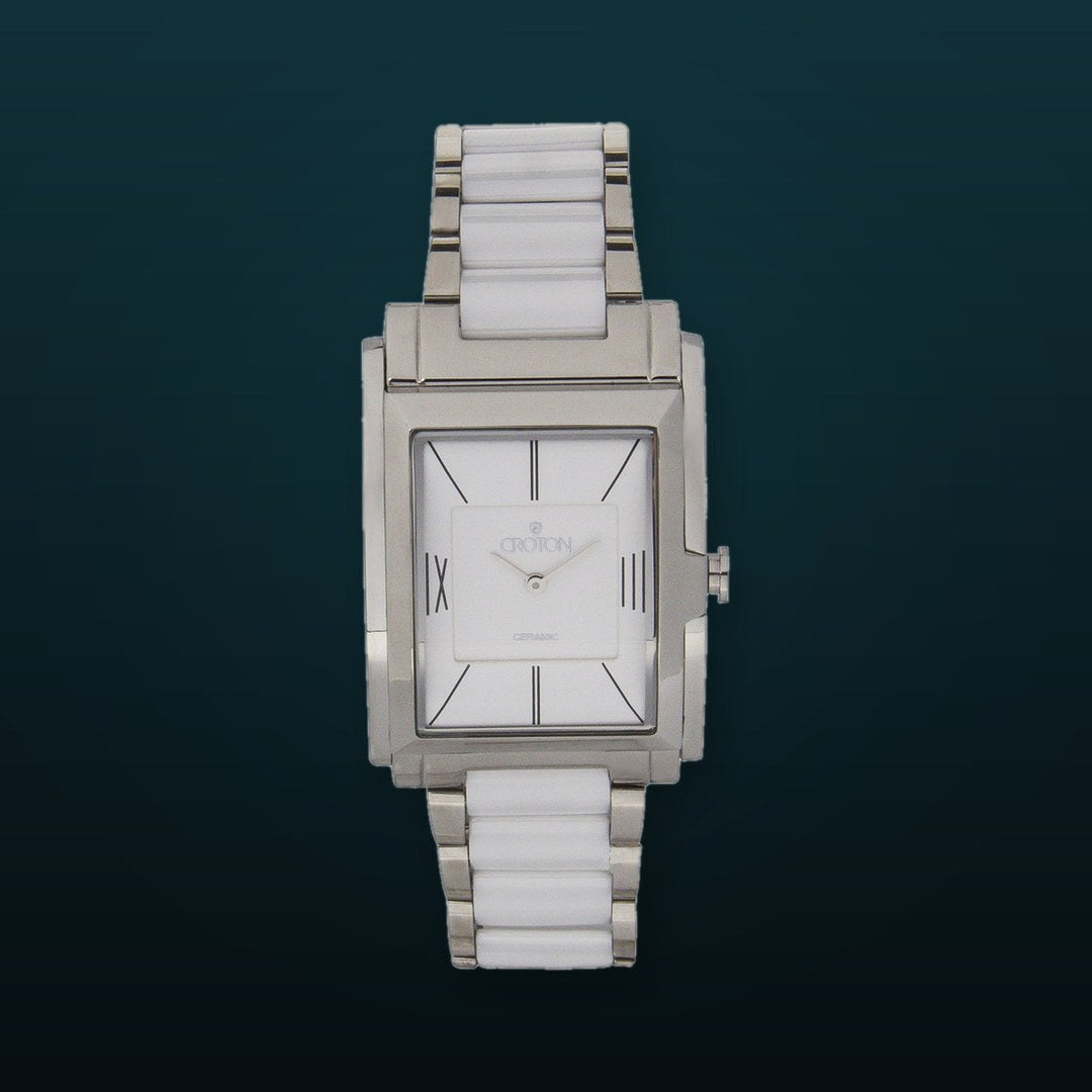 Men's Swiss Quartz White Ceramic & Stainless Steel Rectangular Dress Watch  |  Dial