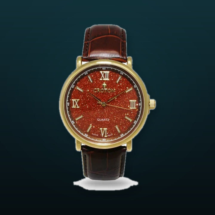 Men's Stainless Steel Quartz Watch with Rust Goldstone Glass Dial & Leather Strap