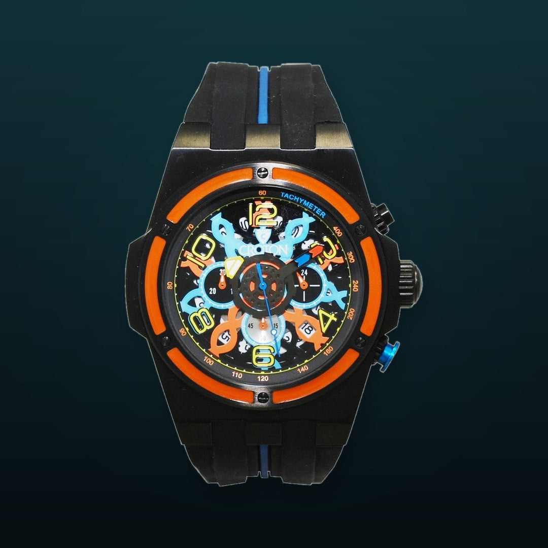 Men's Chronograph with IP Case & Silicon Strap Orange/Blue/Black | Black Dial