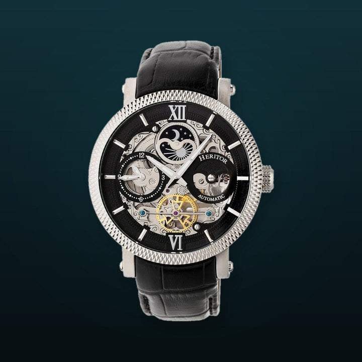 Automatic Aries Skeleton Leather Band Watch Black | Black Dial
