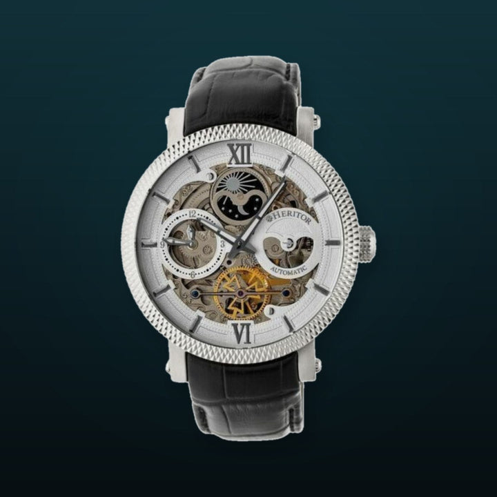 Automatic Aries Skeleton Leather Band Watch Black / White | Silver-white Dial