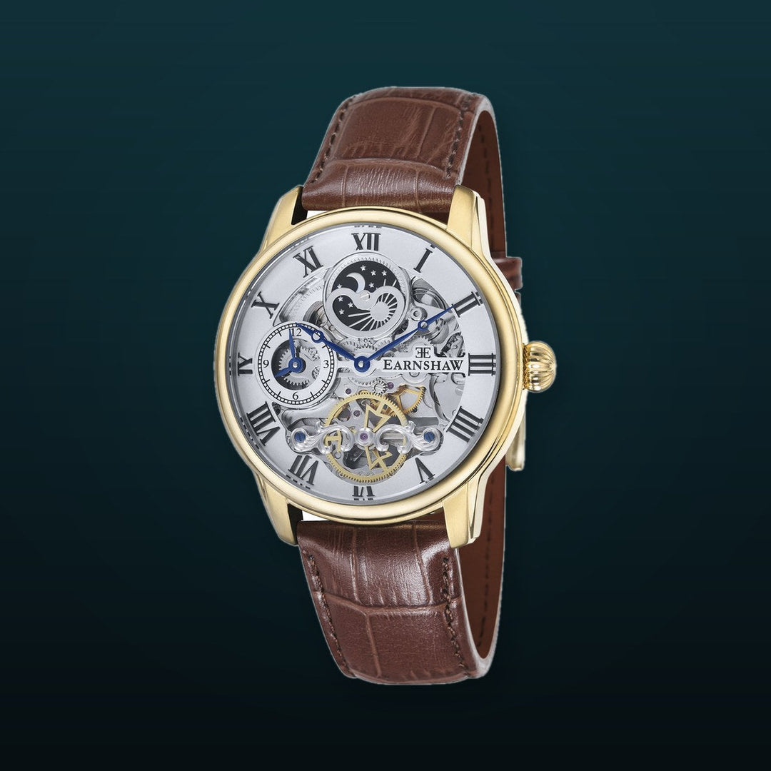 Longitude Automatic Skeleton Watch Silver White & Brown Gold / Genuine leather strap Silver Dial