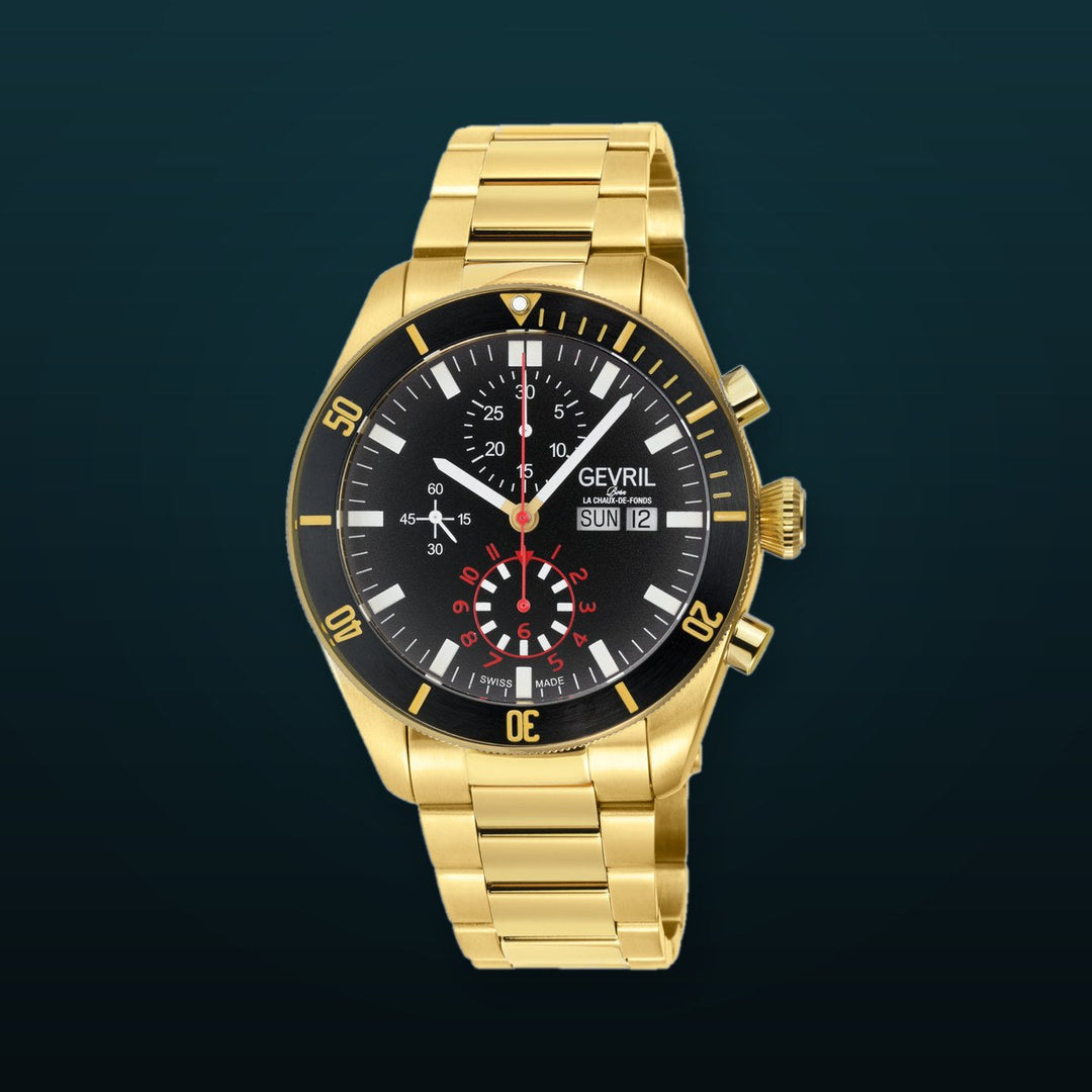 Yorkville - Chronograph Gevril Yorkville Swiss Automatic Chronograph  Watch, IPYG Case, Black/Gold bezel, Gray Dial, SS/IPYG Bracelet. | Gray Dial