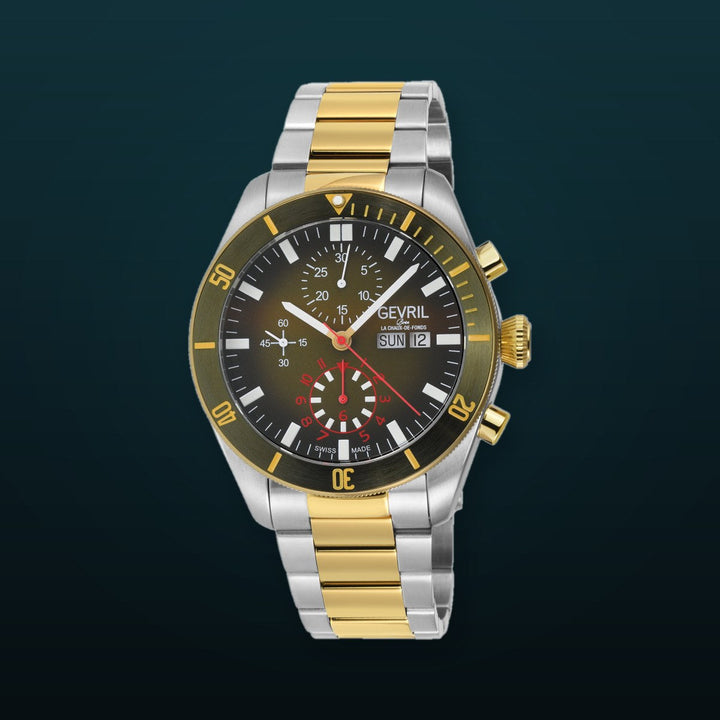 Yorkville - Chronograph Gevril Yorkville Swiss Automatic Chronograph  Watch, SS Case, Green/Gold bezel, Green Dial, SS/IPYG Bracelet. | Green Dial