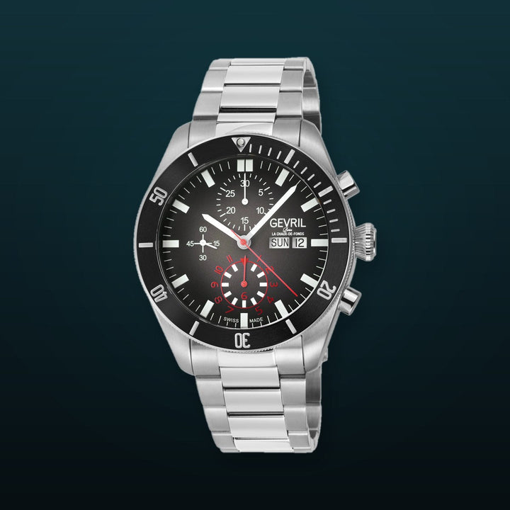 Yorkville - Chronograph Gevril Yorkville Swiss Automatic Chronograph  Watch, SS Case, Black bezel, Black Dial | Black Dial