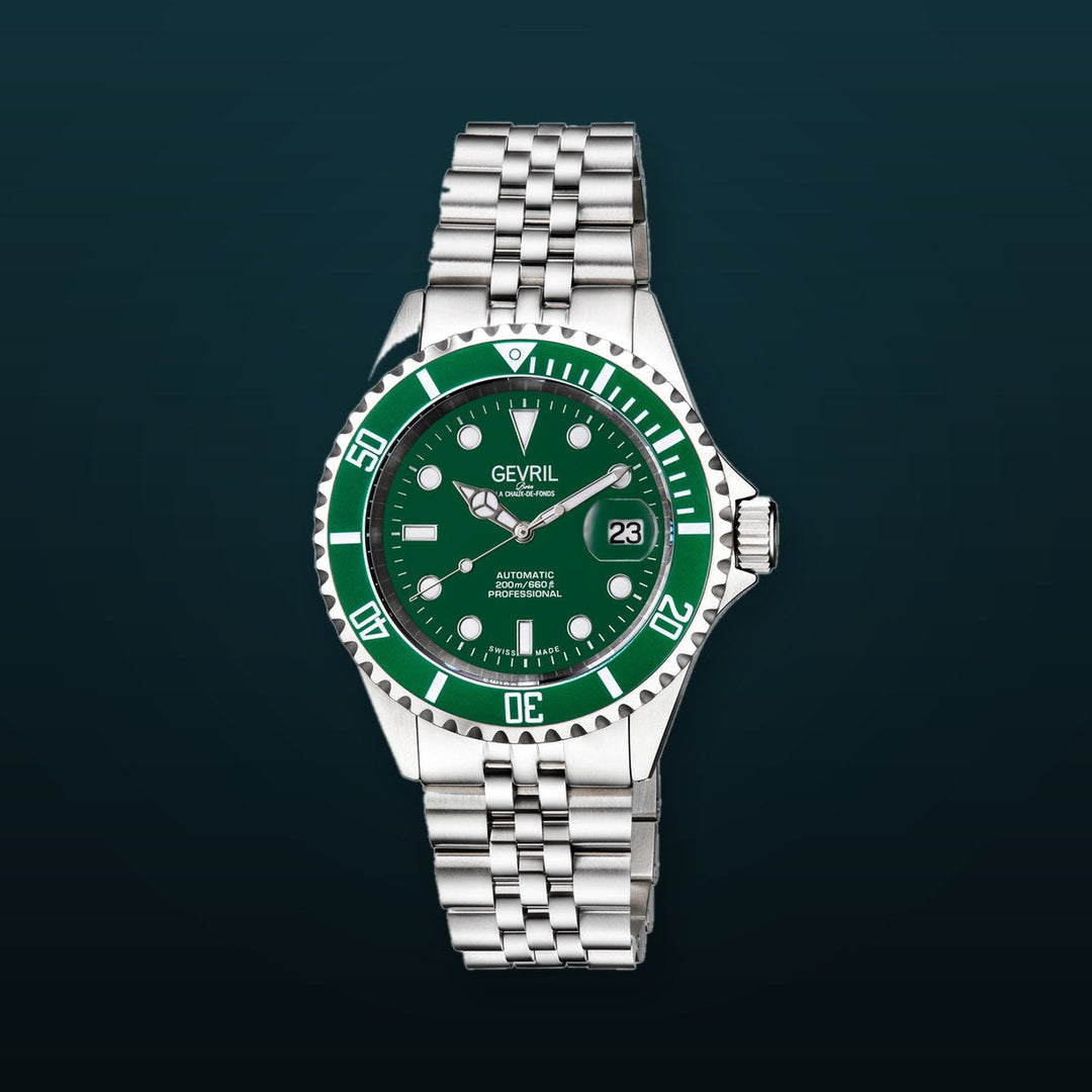 Wall Street Gevril Swiss Made SW200 Steel Rotating bezel Watch, 316L Case, Green DIal | Green Dial