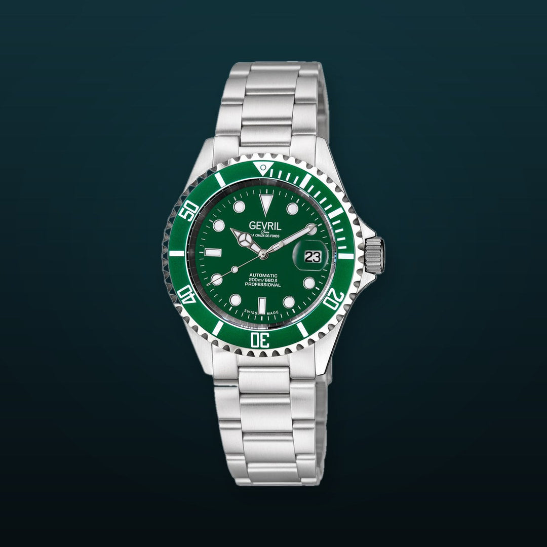 Wall Street Gevril Swiss Made SW200 Steel Rotating bezel Watch, 316L Case, Green DIal Green Dial