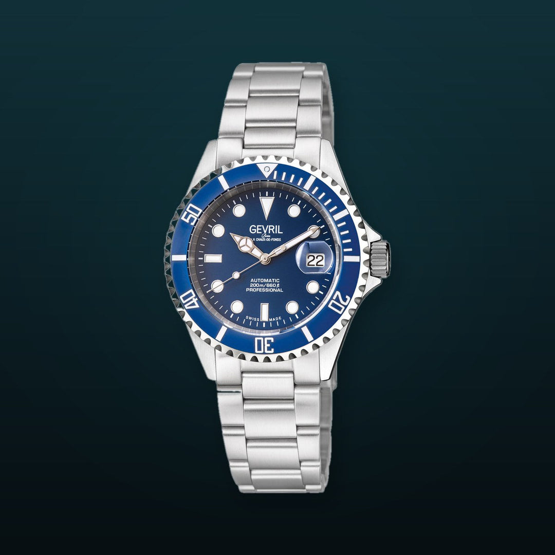 Wall Street Gevril Swiss Made SW200 Steel Rotating bezel Watch, 316L Case, Blue DIal | Blue Dial