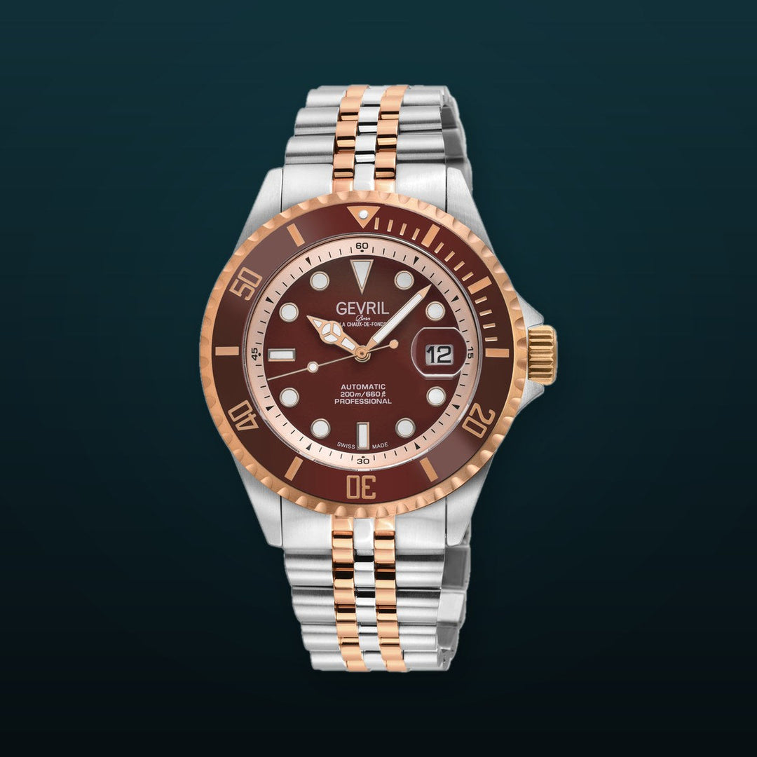 Wall Street Gevril Swiss Made SW200-1 Steel Rotating Brown Ceramic Bezel , 316L case, Brown Dial | Brown Dial