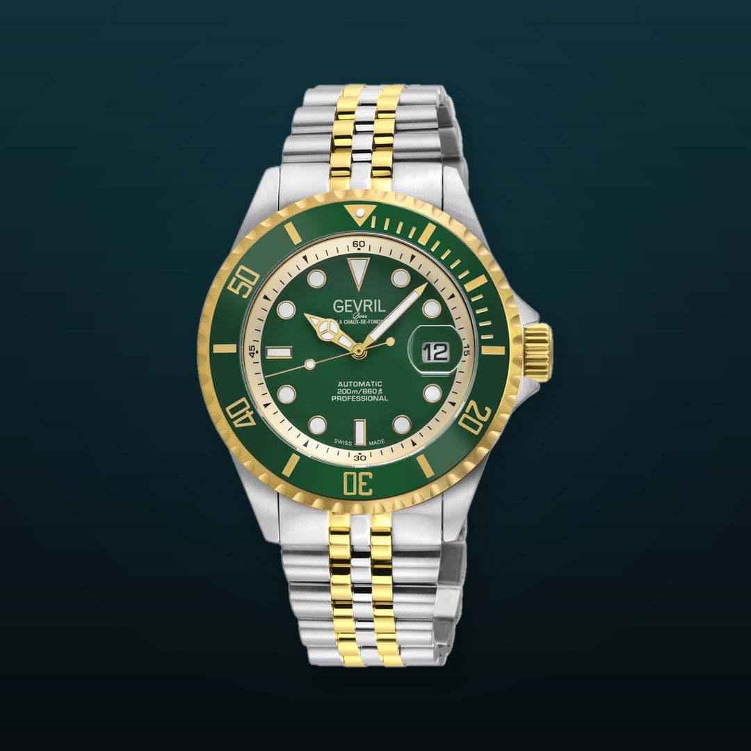 Wall Street Gevril Swiss Made SW200-1 Steel Rotating Green Ceramic Bezel , 316L case, Green Dial | Blue Dial