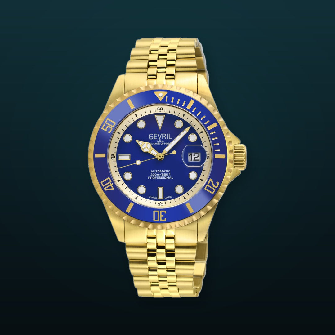 Wall Street Gevril Swiss Made SW200-1 Steel Rotating Blue Ceramic Bezel , 316L case, Blue Dial Blue Dial