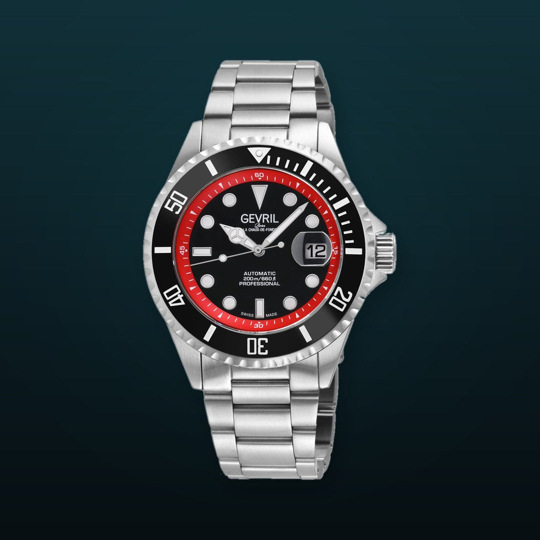 Wall Street Gevril Swiss Made SW200-1 Steel Rotating Black Ceramic Bezel , 316L case, Black Dial Black Dial