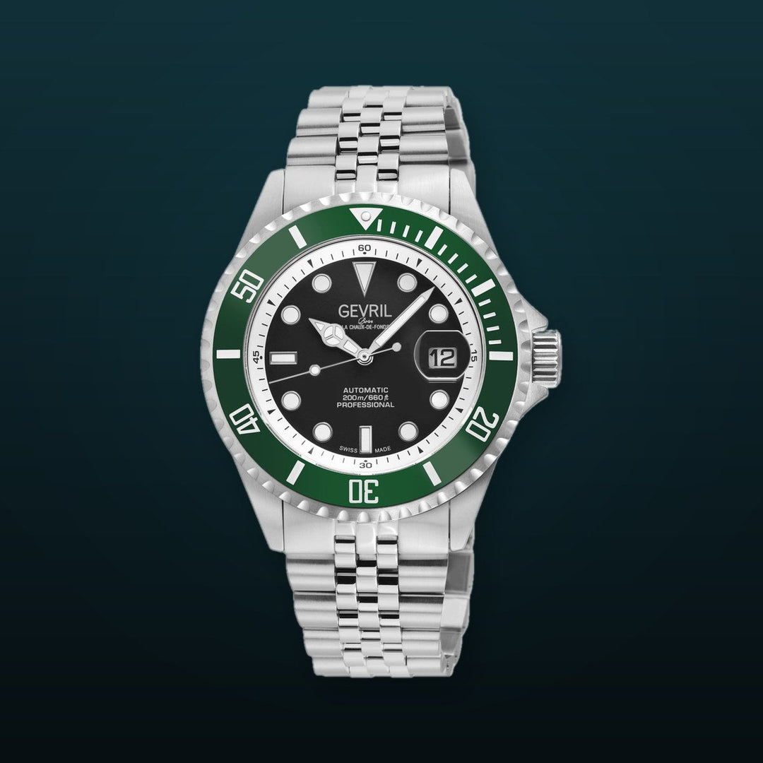 Wall Street Gevril Swiss Made SW200-1 Steel Rotating Green Ceramic Bezel , 316L case, Black Dial | Black Dial