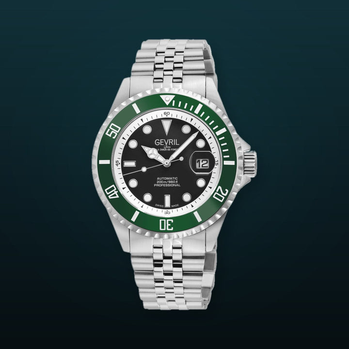 Wall Street Gevril Swiss Made SW200-1 Steel Rotating Green Ceramic Bezel , 316L case, Black Dial | Black Dial