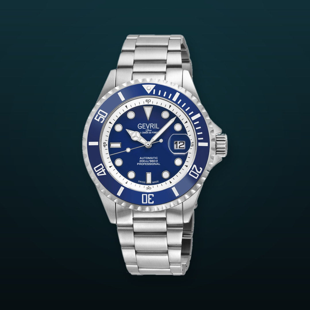 Wall Street Gevril Swiss Made SW200-1 Steel Rotating Blue Ceramic Bezel , 316L case, Blue Dial Blue Dial