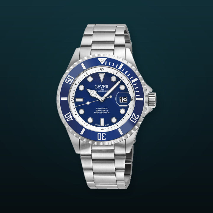Wall Street Gevril Swiss Made SW200-1 Steel Rotating Blue Ceramic Bezel , 316L case, Blue Dial Blue Dial