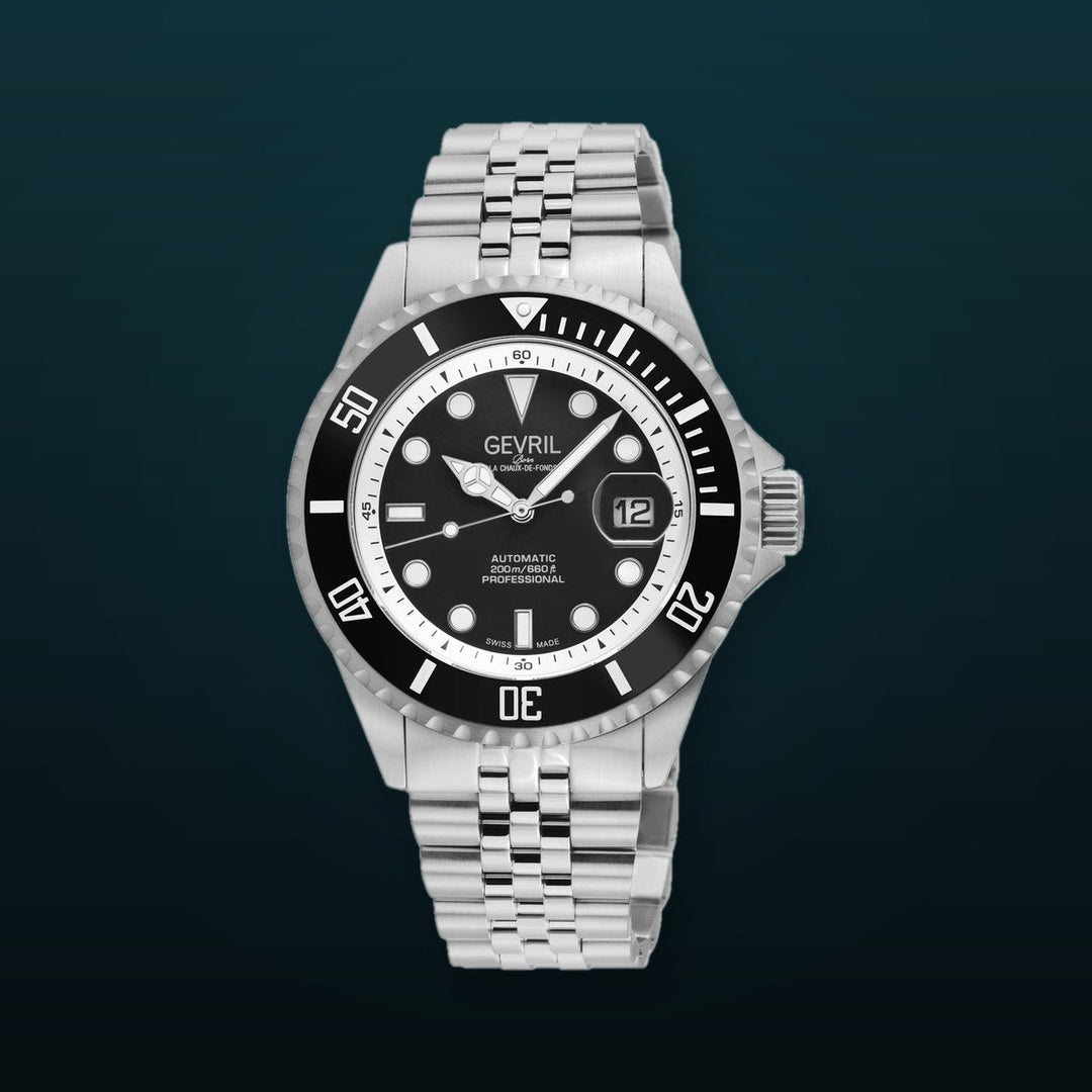 Wall Street Gevril Swiss Made SW200-1 Steel Rotating Black Ceramic Bezel , 316L case, Black Dial Black Dial