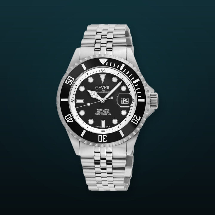 Wall Street Gevril Swiss Made SW200-1 Steel Rotating Black Ceramic Bezel , 316L case, Black Dial Black Dial