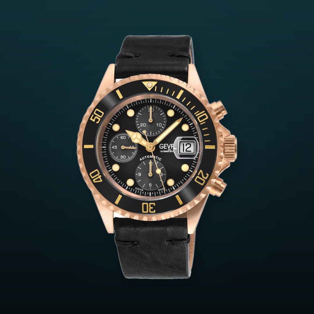 Wall Street - Bronze Gevril Swiss Automatic, Bronze case, Unidirectional Rotating Black Ceramic Bezel, Black Dial | Black Dial