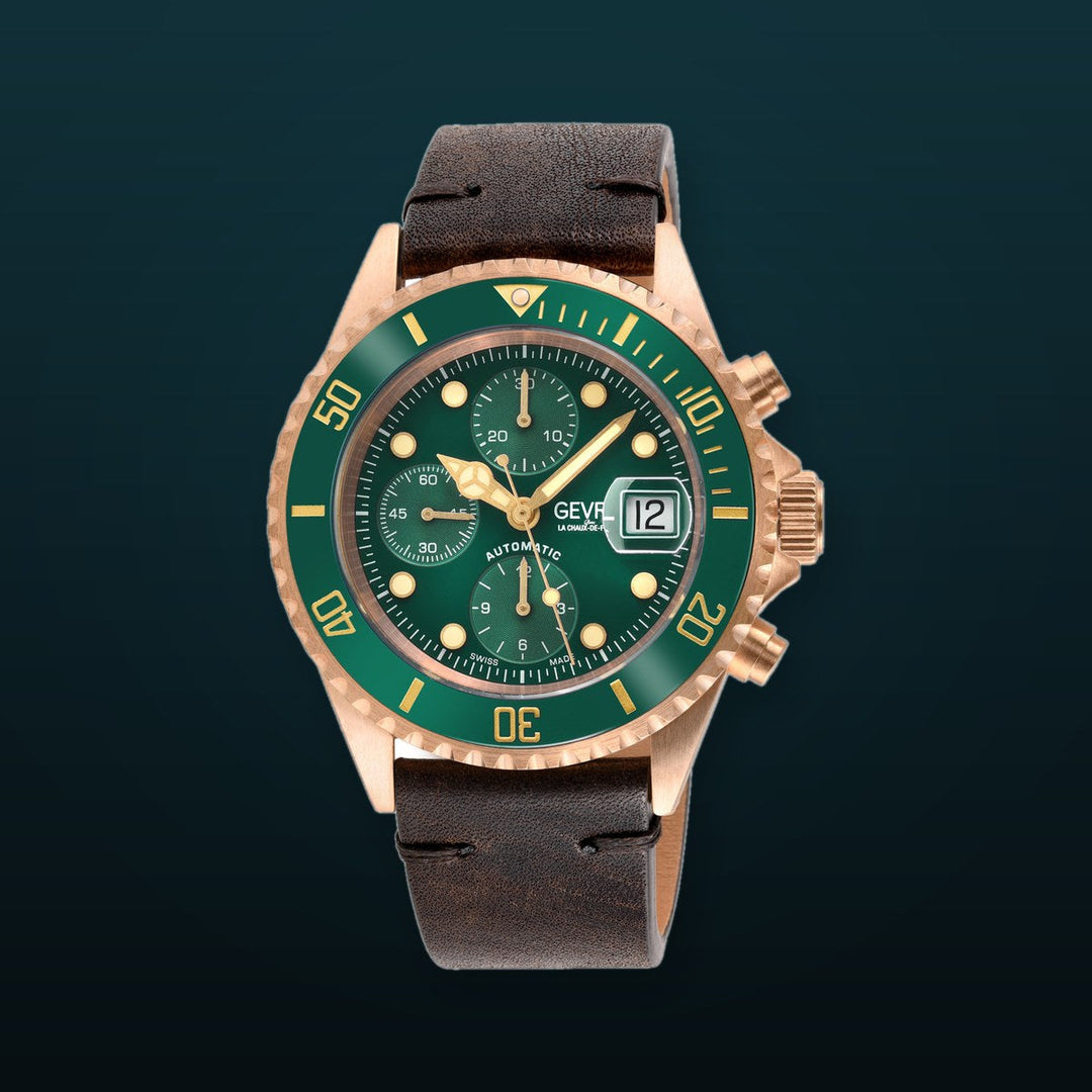 Wall Street - Bronze Gevril Swiss Automatic, Bronze case, Unidirectional Rotating Blue Ceramic Bezel, Midnight Blue Dial | Green Dial