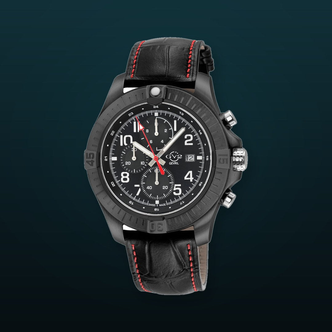 T38 GV2 Swiss Quartz Chronograph, 316L IPBLK Case, Black Enamel Dial, Black Handmade Italian Leather Strap | Black Enamel Dial