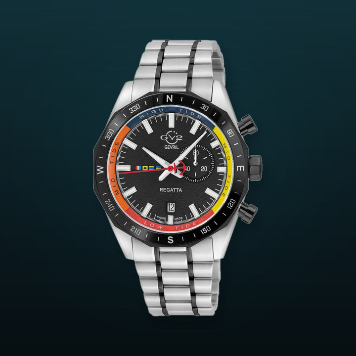 Regatta GV2 Swiss Quartz,Tide cycle indicator, Black dial, Two toned SS/IPBLK Bracelet | Black Dial