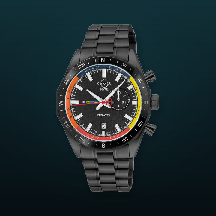 Regatta GV2 Swiss Quartz,Tide cycle indicator, Black dial, IPBLK Stainless Steel Bracelet | Black Dial