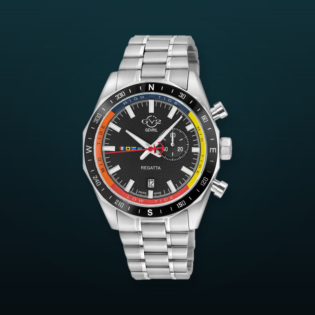 Regatta GV2 Swiss Quartz,Tide cycle indicator, Black dial, 316L Stainless Steel Bracelet | Black Dial