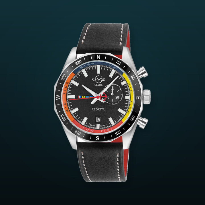 Regatta GV2 Swiss Quartz,Tide cycle indicator, Black dial, Black Italian Leather Strap | Black Dial