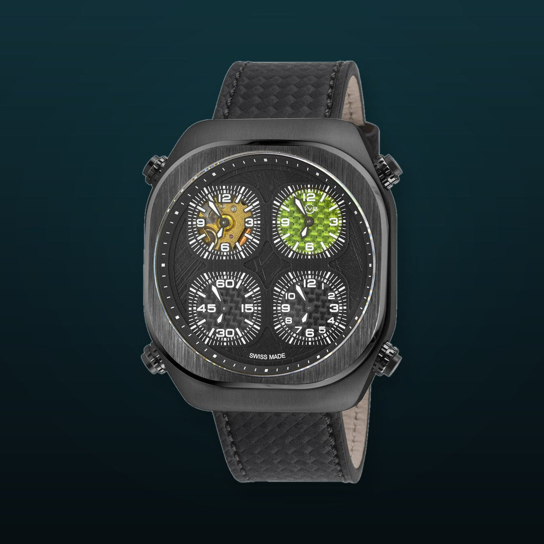Quattro Zone GV2 Swiss Quartz, 316L Black Case, Black Bezel, Black dial, Sub Dials, Black Italian Leather Strap | Black Dial