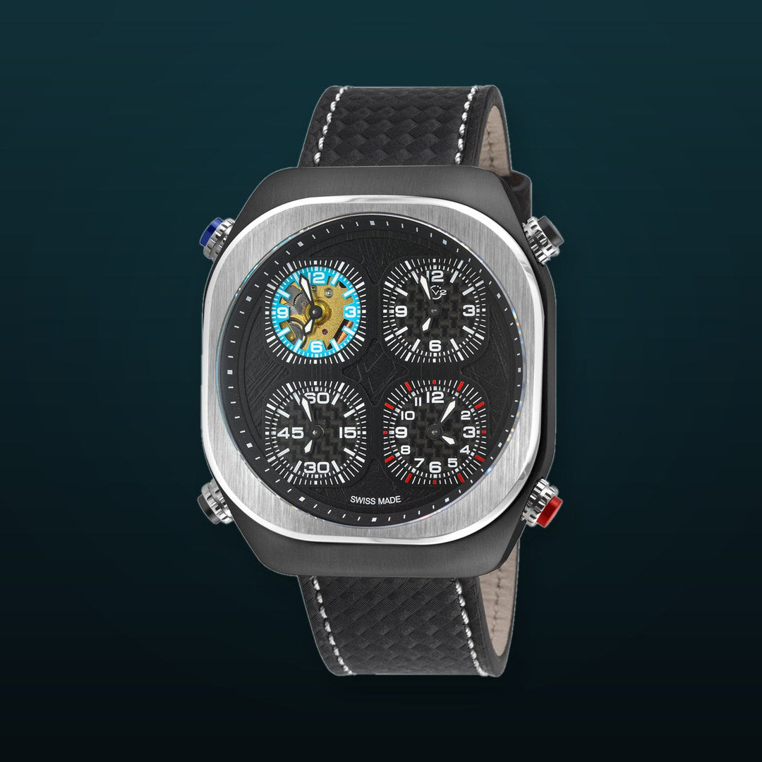 Quattro Zone GV2 Swiss Quartz, 316L Black Case, Silver Bezel, Black dial, Sub Dials, Black Italian Leather Strap | Black Dial