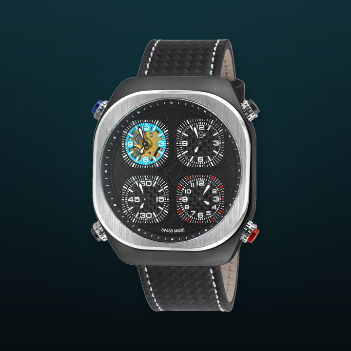 Quattro Zone GV2 Swiss Quartz, 316L Black Case, Silver Bezel, Black dial, Sub Dials, Black Italian Leather Strap | Black Dial