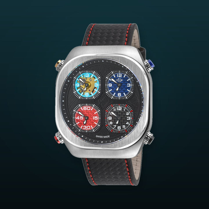 Quattro Zone GV2 Swiss Quartz, 316L Silver Case, Black dial, Sub Dials, Black Italian Leather Strap | Black Dial