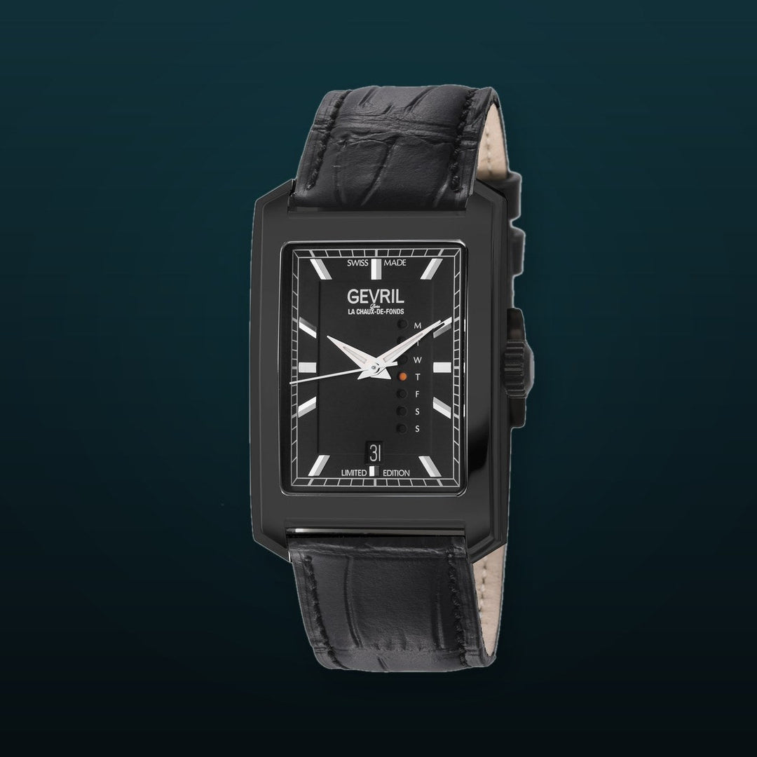 Manhattanhenge Gevril Swiss Made Automatic, Black Case, Black Dial, Black Italian Leather Strap | Black Dial