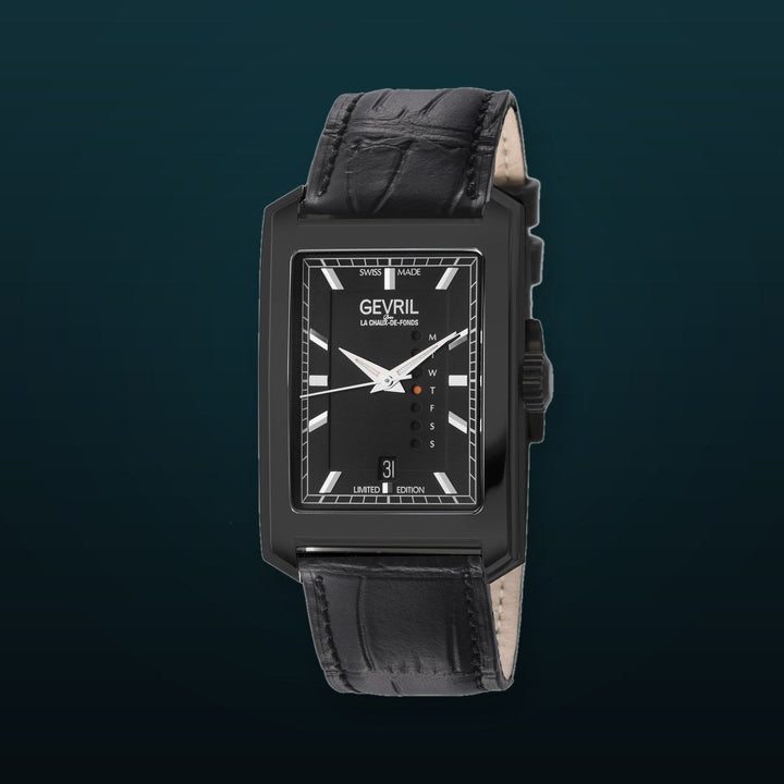 Manhattanhenge Gevril Swiss Made Automatic, Black Case, Black Dial, Black Italian Leather Strap | Black Dial