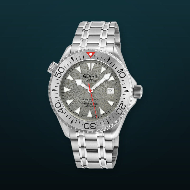 Hudson Yards -Damascus Swiss Automatic SW200-1 - Damascus Steel Gray Dial,  Unidirectional Rotating Bezel Gray Tungsten, 316L | Silver Dial
