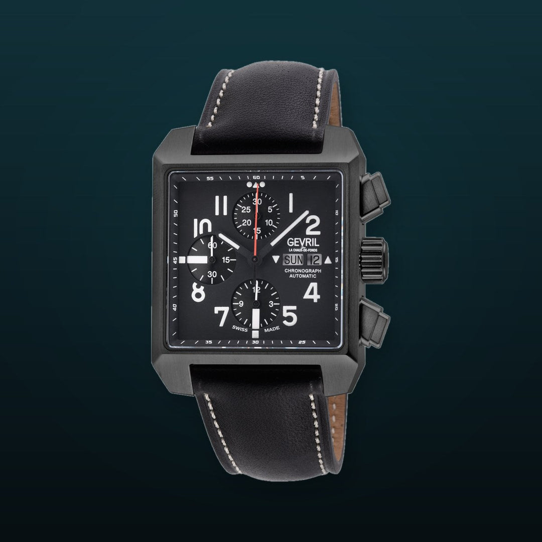 Herald Square Chronograph Gevril ETA7750 Chrono, SS/IPBLK Case, Black Dial, Italian Leather Strap | Black Dial