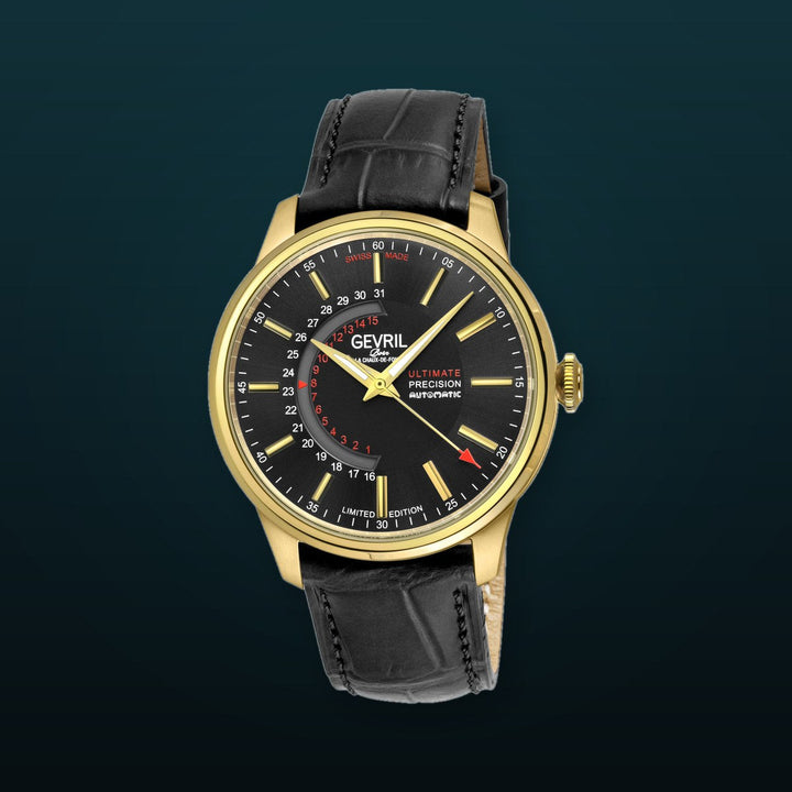 Guggenheim Gevril Men's Guggenheim Automatic IP Gold, Case, Black Dial, Genuine Italian Handmade Black Leather Strap with Black Stitching. | Black Dial