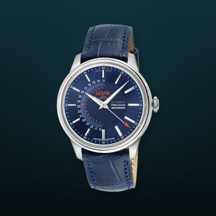 Guggenheim Gevril Men's Guggenheim Automatic 316L Stainless Steel Blue Dial, Genuine Italian Handmade Blue Leather with blue Stitching Strap. | Blue Dial
