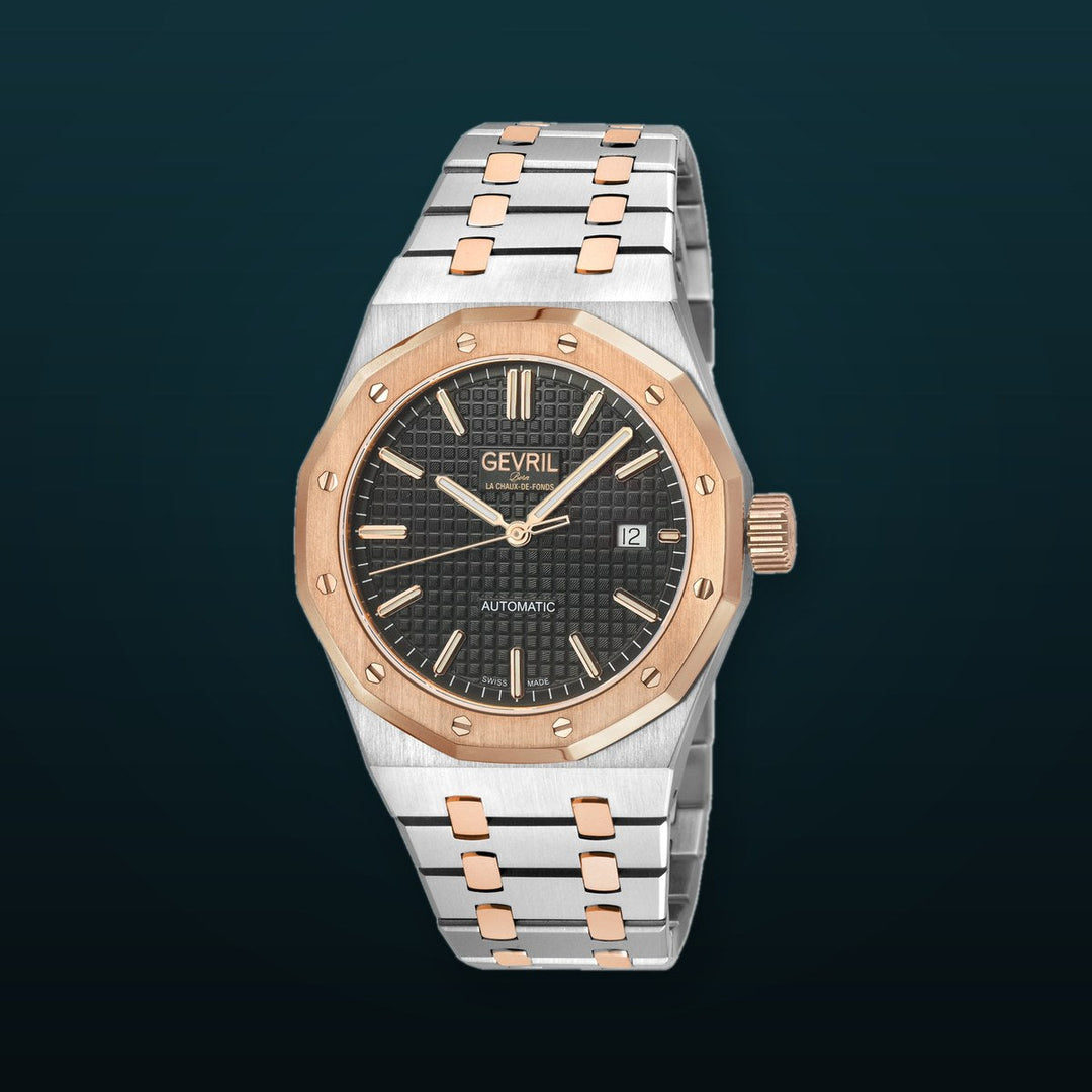 Gotham Swiss Automatic Movement, Black Embossed Dial, Two toned SS/IPRG Bracelet | Black Dial