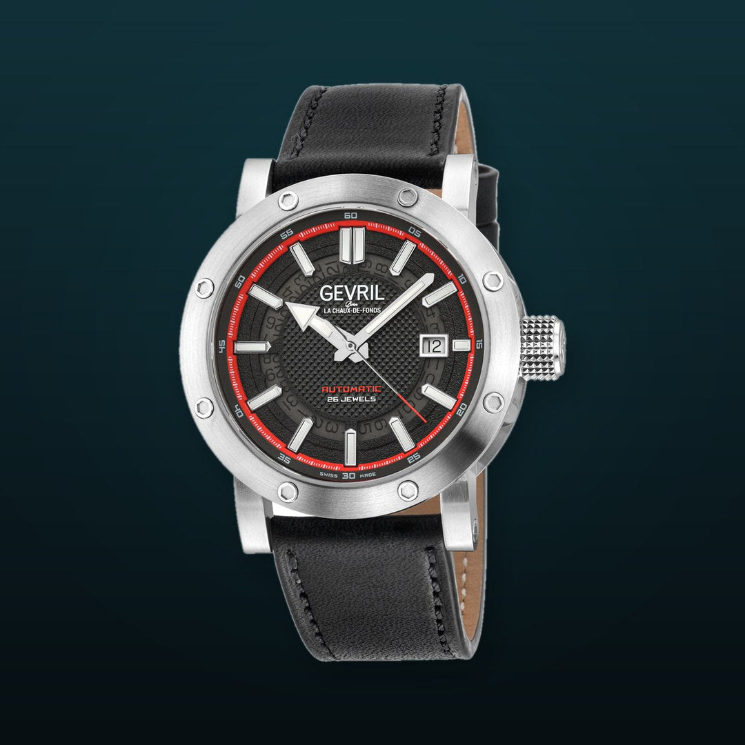 Flat Iron Swiss Made Automatic, 42mm Stainless Steel, Black Dial, Black Italian Leather Strap | Black/Red Dial