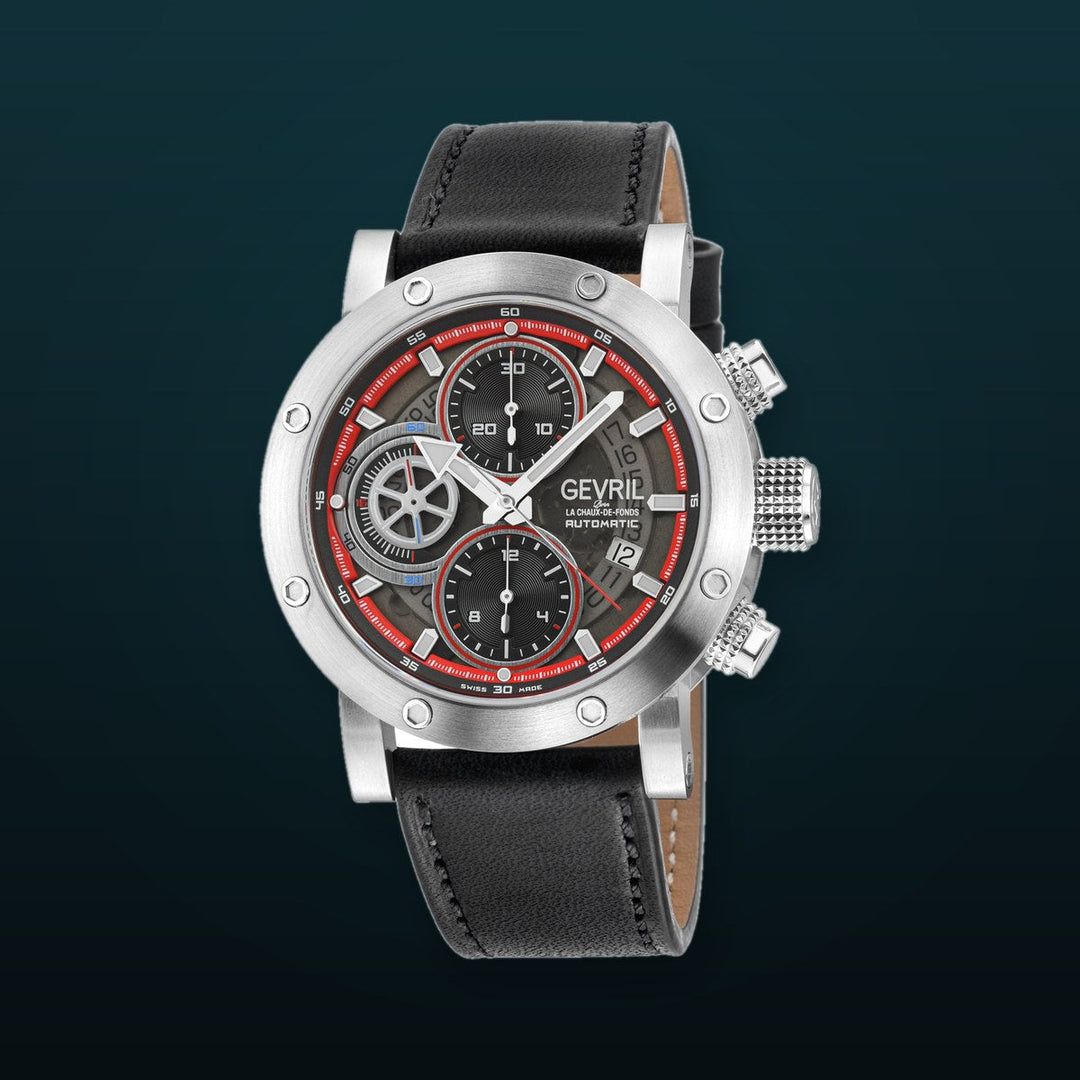Flat Iron - Chronograph Swiss Made Automatic Chronograph, 42mm Stainless Steel, Black Dial, Black Italian Leather Strap | Black/Red Dial