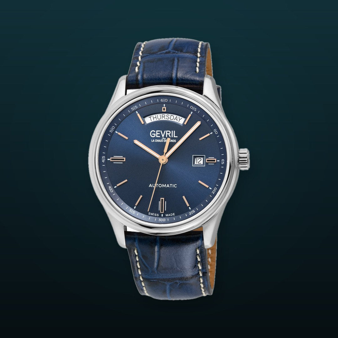 Excelsior Swiss made Automatic Sellita SW240, Day Date Blue Dial,  Blue Italian Handmade Leather Strap | Blue Dial